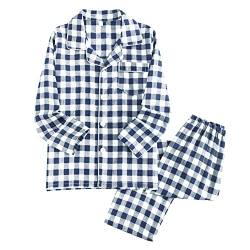 Allthemen Pyjama Herren Karierter Schlafanzug Lang Pyjama Baumwolle Zweiteiliger Hausanzug Langarm Shirt und Pyjamahose #01 Blau M von Allthemen