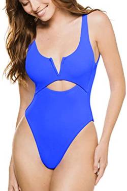 Almaree Badeanzug Damen High Waist Bauchweg V Ausschnitt Einteilige Bademode Blau L von Almaree