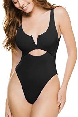 Almaree Badeanzug Damen High Waist Bauchweg V Ausschnitt Einteilige Bademode Schwarz L von Almaree