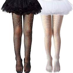 2 Paar Mädchen Glitzer Netzstrumpfhose mit Strass, 5-16 Jahre Kleinkind Kinderstrumpfhose für Party Outfits (Schwarz und Weiß) von Alnintte