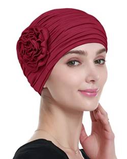 Alnorm Kopfbedeckung für Damen Chemo-Turban Blumen Kopfschmuck Weinrot von Alnorm