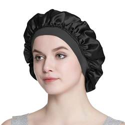 Alnorm Stilvolle Schlafmütze Seidige doppellagige Satinhaube Premium Breites Band Nachthemd für Haar Schönheit Frauen Kopfbedeckung, Schwarze, einlagige Schicht, One size von Alnorm