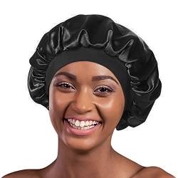 Stilvolle Schlafmütze seidig doppellagig Satin-Motorhaube Premium breiter Band Nachthemd für Haar Beauty Frauen Kopfbedeckung Gr. One size, Black Double Layer von Alnorm