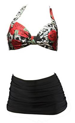 Aloha-Beachwear Damen Vintage Bikini Set mit Totenkopf Skull Rose Panty Retro Tattoo, A10740 Mehrfarbig (M / 38 / UK 12, Mehrfarbig/Schwarz) von Aloha-Beachwear