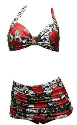 Aloha-Beachwear Damen Vintage Bikini Set mit Totenkopf Skull Rose Panty Retro Tattoo, A10740 Mehrfarbig (S / 36 / UK 10, Mehrfarbig) von Aloha-Beachwear