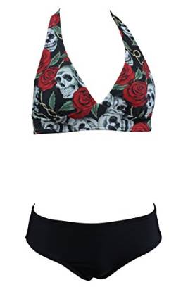 Aloha-Beachwear Damen Vintage Triangel Bikini Set Totenkopf Rose Tattoo Retro, A70500 Mehrfarbig (L / 40 / UK 14) von Aloha-Beachwear