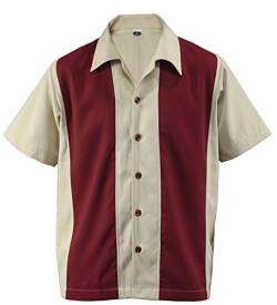 Herren Bowling Shirt Worker Hemd Rockabilly Two Tone Gabardine Lounge Fifties Vintage Retro Double Panel D600 (Large, Beige/Red) von Aloha-Beachwear