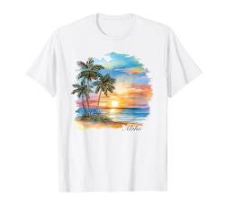 Aloha Hawaii Hawaii Sonnenuntergang Strand Palme Aquarell Kunst T-Shirt von Aloha Hawaii Hawaiian Island Vacation Beach Lover