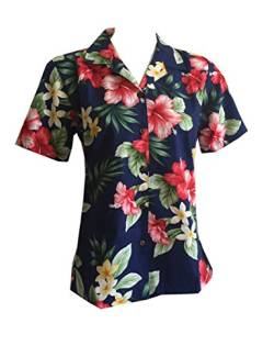 Made in Hawaii! Damen Hawaiihemd Hibiskus Floral Hawaii Aloha Camp Shirt, navy, Groß von Alohawears Clothing Company