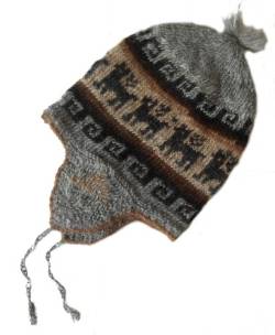 Alpacaandmore Traditionelle Unisex Chullo Mütze Strickmütze naturbelassene Alpakawolle handgestrickt (grau/braun) von Alpacaandmore