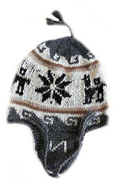 Alpacaandmore Traditionelle Unisex grau/weiß/Schwarze Chullo Mütze Strickmütze naturbelassene Alpakawolle handgestrickt von Alpacaandmore