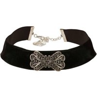 Alpenflüstern Choker Trachten-Samt-Kropfband Ornament-Schleife (schwarz), - nostalgische Trachtenkette enganliegend, Kropfkette elastisch, Damen-Trachtenschmuck, Samtkropfband breit von Alpenflüstern