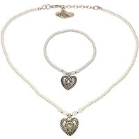 Alpenflüstern Ketten-Set Trachtenschmuck-Set Filigran Perlen-Trachtenkette und Trachten-Armband Trachtenherz (creme-weiß), - Damen-Trachten-Schmuck, Trachtenset Dirndl-Kette und Trachten-Armkette von Alpenflüstern