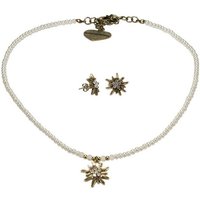 Alpenflüstern Ketten-Set Trachtenschmuck-Set Filigran Perlen-Trachtenkette und Trachten-Ohrstecker Strass-Edelweiß (creme-weiß), - Damen-Trachten-Schmuck antik-gold-farben, Trachtenset von Alpenflüstern