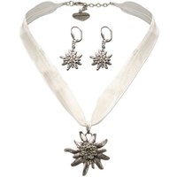 Alpenflüstern Ketten-Set Trachtenschmuck-Set Organza-Trachtenkette und Ohrhänger Strass-Edelweiß (weiß), - Damen-Trachten-Schmuck, Trachtenset Dirndl-Kette und Trachten-Ohrringe von Alpenflüstern