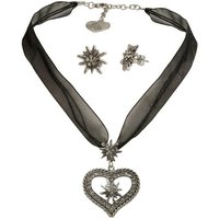 Alpenflüstern Ketten-Set Trachtenschmuck-Set Organzakette Strassedelweissherz und Ohrstecker Strassedelweiss (schwarz), - Damen-Trachten-Schmuck, Trachtenset Kette und Trachten-Ohrringe von Alpenflüstern