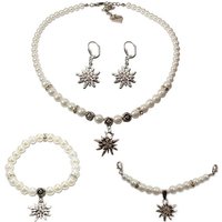 Alpenflüstern Ketten-Set Trachtenschmuck-Set Perlen-Trachtenkette, Armband, Charivari und Ohrhänger Strass-Edelweiß (creme-weiß), - Damen-Trachten-Schmuck, Trachtenset von Alpenflüstern