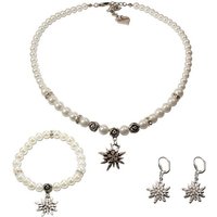 Alpenflüstern Ketten-Set Trachtenschmuck-Set Perlen-Trachtenkette, Armband & Ohrhänger Strass-Edelweiß (creme-weiß), - Damen Trachten-Schmuck, Trachtenset Dirndl-Kette, Armkette, Ohrringe von Alpenflüstern