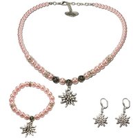 Alpenflüstern Ketten-Set Trachtenschmuck-Set Perlen-Trachtenkette, Armband & Ohrhänger Strass-Edelweiß (rosa-ros), - Damen Trachten-Schmuck, Trachtenset Dirndl-Kette, Armkette, Ohrringe von Alpenflüstern