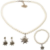 Alpenflüstern Ketten-Set Trachtenschmuck-Set Perlen-Trachtenkette, Trachten-Armband und Trachten-Ohrhänger Strass-Edelweiss (creme-weiß), - Damen-Trachten-Schmuck, Trachtenset Kette, Armkette und Ohrringe von Alpenflüstern