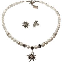 Alpenflüstern Ketten-Set Trachtenschmuck-Set Perlen-Trachtenkette und Ohrstecker Strass-Edelweiß (creme-weiß), - Damen-Trachten-Schmuck, Trachtenset Dirndl-Kette und Trachten-Ohrringe von Alpenflüstern