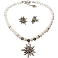 Alpenflüstern Ketten-Set Trachtenschmuck-Set Perlen-Trachtenkette und Ohrstecker Strass-Edelweiß (creme-weiß), - Damen-Trachten-Schmuck, Trachtenset Dirndl-Kette und Trachten-Ohrringe von Alpenflüstern