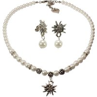 Alpenflüstern Ketten-Set Trachtenschmuck-Set Perlen-Trachtenkette und Perlen-Ohrstecker Strass-Edelweiß (creme-weiß), - Damen-Trachten-Schmuck, Trachtenset Dirndl-Kette und Trachten-Ohrringe von Alpenflüstern