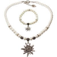 Alpenflüstern Ketten-Set Trachtenschmuck-Set Perlen-Trachtenkette und Trachten-Armband Strass-Edelweiß (creme-weiß), - Damen-Trachten-Schmuck, Trachtenset Dirndl-Kette und Trachten-Armkette von Alpenflüstern