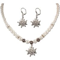 Alpenflüstern Ketten-Set Trachtenschmuck-Set Perlen-Trachtenkette und Trachten-Ohrhänger Strass-Edelweiß (creme-weiß), - Damen-Trachten-Schmuck, Trachtenset Dirndl-Kette und Trachten-Ohrringe von Alpenflüstern