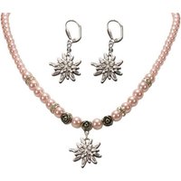 Alpenflüstern Ketten-Set Trachtenschmuck-Set Perlen-Trachtenkette und Trachten-Ohrhänger Strass-Edelweiß (rosé-rosa), - Damen-Trachten-Schmuck, Trachtenset Dirndl-Kette und Trachten-Ohrringe von Alpenflüstern