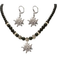 Alpenflüstern Ketten-Set Trachtenschmuck-Set Perlen-Trachtenkette und Trachten-Ohrhänger Strass-Edelweiß (schwarz), - Damen-Trachten-Schmuck, Trachtenset Dirndl-Kette und Trachten-Ohrringe von Alpenflüstern