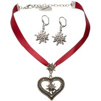 Alpenflüstern Ketten-Set Trachtenschmuck-Set Satin-Trachtenkette Strassedelweissherz und Trachten-Ohrhänger Strass-Edelweiss (rot), - Damen-Trachten-Schmuck, Trachtenset Trachtenkette und Trachten-Ohrringe von Alpenflüstern