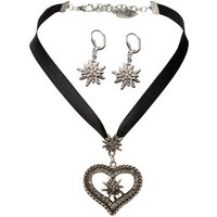 Alpenflüstern Ketten-Set Trachtenschmuck-Set Satin-Trachtenkette Strassedelweissherz und Trachten-Ohrhänger Strass-Edelweiss (schwarz), - Damen-Trachten-Schmuck, Trachtenset Kette und Trachten-Ohrringe von Alpenflüstern