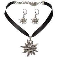 Alpenflüstern Ketten-Set Trachtenschmuck-Set Satin-Trachtenkette und Ohrhänger Strass-Edelweiß (schwarz), - Damen-Trachten-Schmuck, Trachtenset Dirndl-Kette und Trachten-Ohrringe von Alpenflüstern