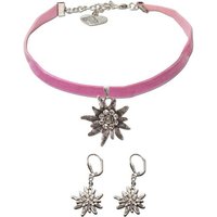 Alpenflüstern Ketten-Set Trachtenschmuck-Set Trachten-Samt-Kropfband und Ohrhänger Strass-Edelweiß (rosa-ros), - Damen-Trachten-Schmuck, Trachtenset Trachtenkette und Trachten-Ohrringe von Alpenflüstern