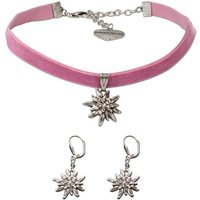 Alpenflüstern Ketten-Set Trachtenschmuck-Set Trachten-Samt-Kropfband und Ohrhänger Strass-Edelweiß (rosa-ros), - Damen-Trachten-Schmuck, Trachtenset Trachtenkette und Trachten-Ohrringe von Alpenflüstern