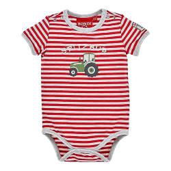 BONDI Body halbarm geringelt ´Traktor´, stripe red/grey 80 Tracht Baby Jungs Artikel-Nr.91637 von Alpenglück