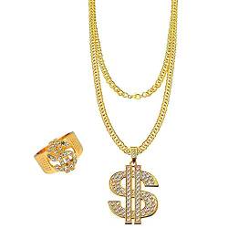 Hip-Hop-Rapper-Accessoires-Set mit goldener Dollar-Kette und Ring im Gangster-Retro-Stil der 70er, 80er und 90er Jahre - perfekt für Fasching, Mottopartys und mehr! von Alppihym