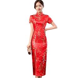 Altsuceser Damen Mandarin Kragen Vintage Stickerei Drache Phoenix Print Cheongsam Kleid, Split Traditionelles Chinesisches Kleid Qipao Hochzeitskleid Rot 3XL von Altsuceser