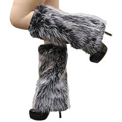 Altsuceser Plüsch Fuzzy Kunstfell Beinstulpen für Damen, Lange Stiefel Schuhe Manschettenabdeckung Knielang Hipster Warme Socke Schwarz Weiß 40cm von Altsuceser