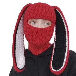 Altsuceser Strickmütze für den Winter, Hasenohren, süße Hasenohren, lange Ohren, Hut, Kaninchenohren, Hüte für Erwachsene, Kinder, Rot, Erwachsene von Altsuceser