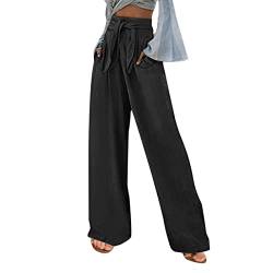 Alueeu Damen Leinen Frauen Straight Weite Beine Hose Leinenhose Lange Loose Beach Pants Mädchen Casual Strandhose Loose Fit Hosen Lässige Stoffhose Jogginghose Yogahose, Z3-schwarz, XL von Alueeu