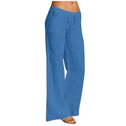 Alueeu Damen Leinenhose Weite Beine Lang Hose Sommer Loose Freizeithose Strandhose Leinen Pants Frauen Einfarbig Leicht Lang Hosen Luftige Stoffhose Baumwollhose Sommerhose mit Taschen, 1# Blau, XXL von Alueeu