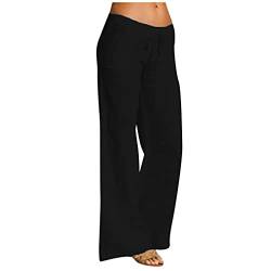 Alueeu Damen Leinenhose Weite Beine Lang Hose Sommer Loose Freizeithose Strandhose Leinen Pants Frauen Einfarbig Leicht Lang Hosen Luftige Stoffhose Baumwollhose Sommerhose mit Taschen, 1# Schwarz von Alueeu