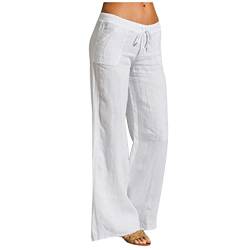 Alueeu Damen Leinenhose Weite Beine Lang Hose Sommer Loose Freizeithose Strandhose Leinen Pants Frauen Einfarbig Leicht Lang Hosen Luftige Stoffhose Baumwollhose Sommerhose mit Taschen, 2# Weiß von Alueeu