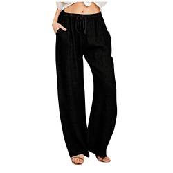 Alueeu Damen Sommerhose Leinen Leicht Frauen Straight Weite Beine Hose Leinenhose Lange Loose Beach Pants Mädchen Casual Strandhose Loose Fit Hosen Lässige Stoffhose Jogginghose Yogahose, Z-schwarz von Alueeu