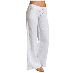 Alueeu Damen Sommerhose Leinen Leicht Frauen Straight Weite Beine Hose Leinenhose Lange Loose Beach Pants Mädchen Casual Strandhose Loose Fit Hosen Lässige Stoffhose Jogginghose Yogahose, Z1-weiß von Alueeu