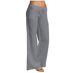 Alueeu Damen Sommerhose Leinen Leicht Freizeithose Frauen Straight Weite Beine Hose Leinenhose Lange Loose Beach Pants Mädchen Strandhose Fit Hosen Lässige Stoffhose Jogginghose Yogahose, Z1-grau von Alueeu