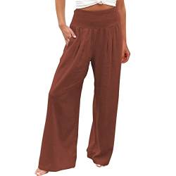 Alueeu Damen Sommerhose Leinen Leicht Freizeithose Frauen Straight Weite Beine Hose Leinenhose Lange Loose Beach Pants Mädchen Strandhose Fit Hosen Lässige Stoffhose Jogginghose Yogahose, Z2-braun von Alueeu