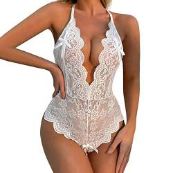 Alueeu Dessous Damen Für Sex Schritt offen Dessous-Set Tiefer V-Ausschnitt Halfter Spitze Reizwäsche Negligee Babydoll Nachtwäsche Nachthemd Lingerie Nachtkleid G-String Sleepwear, Z4-weiß, XXL von Alueeu